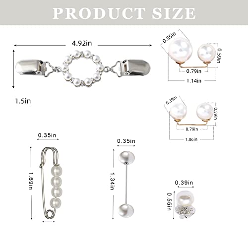 ROPAKED 9 PCS Waist Cincher Clip Pearl Brooch Pins Dress Clips Back Cinch | Waist Cincher Tightening Waistband Cardigan Clip Sweater Shawl Clips Decorated Safety Pins Collar Brooch for Women Clothing