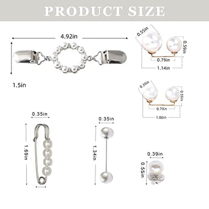 ROPAKED 9 PCS Waist Cincher Clip Pearl Brooch Pins Dress Clips Back Cinch | Waist Cincher Tightening Waistband Cardigan Clip Sweater Shawl Clips Decorated Safety Pins Collar Brooch for Women Clothing