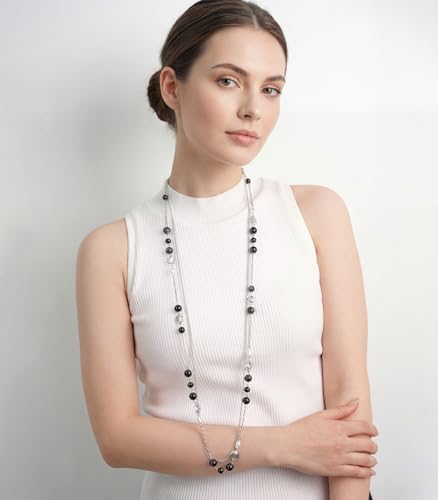 FULU AUTUMN Long Layered Silver Necklaces for Women - Natural Stone and Dainty Flower Beaded Sweater Chain Fashion Jewelry Gifts - color: Black