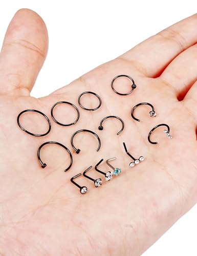 20g Nose Rings Hoops L Shaped Studs Gold/Black/Rainbow Piercings Jewelry for Women Hypoallergenic Surgical Stainless Steel - color: Black