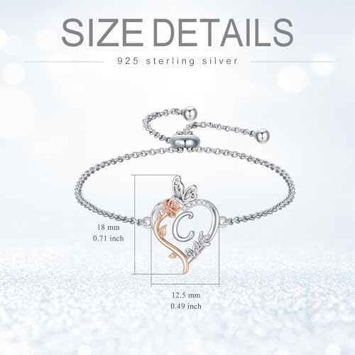 TOUPOP Gifts for Women Rose Heart Initial Bracelet 925 Sterling Silver Butterfly Letter Link Bracelet Love Jewelry Anniversary Birthday Gifts for Wife Girlfriend Mom Her - style: Initial C