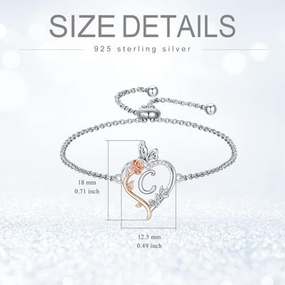 TOUPOP Gifts for Women Rose Heart Initial Bracelet 925 Sterling Silver Butterfly Letter Link Bracelet Love Jewelry Anniversary Birthday Gifts for Wife Girlfriend Mom Her - style: Initial C
