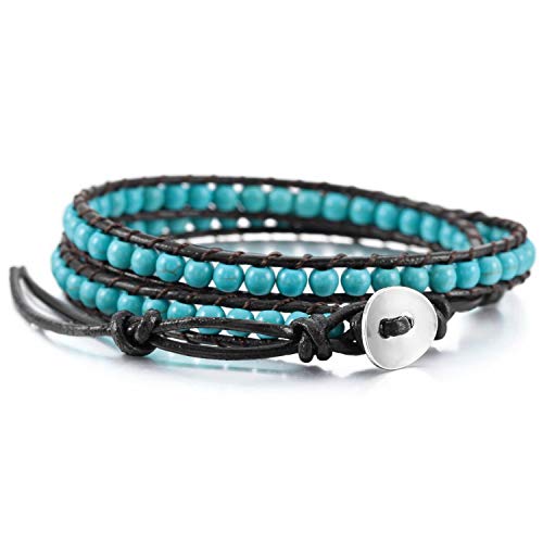 Boho Bracelets Adjustable Rope Buckle Handmade Leather-Wrapped Bracelet Jewelry Bohemian Style Bracelets Natural Stone Wrap Bracelets Variety Beads Strand Bracelet - color: Turquoise