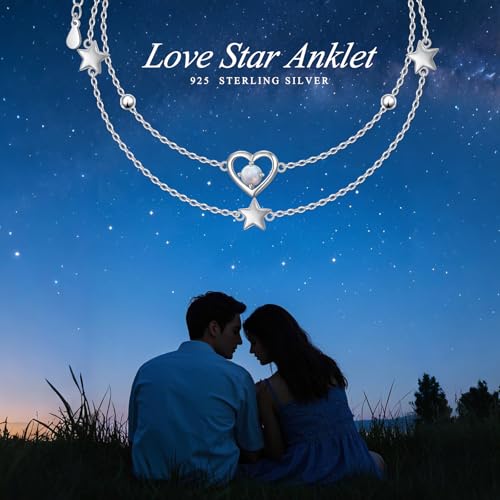Anklets for Women 925 Sterling Silver Blue Evil Eye Infinity Butterfly Adjustable Multilayer Layered Summer Beach Ankle Bracelet Foot Chain Jewelry for Women - style: Heart Star