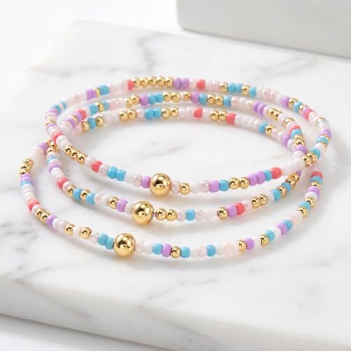 Seed Beaded Stack Bracelets Set for Women,Small Boho 4Pcs Colorful Handmade Dainty Trendy Gold Stretch Accessories Jewelry, Summer Daily Party Friendship Gift - color: Purple White