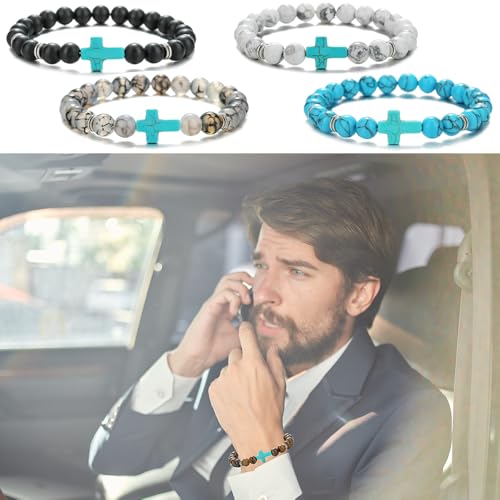 Beaded Bracelets Cross Bracelet for Women Men Lava Rock Turquoise Tiger Eye Natural Bracelet Anxiety Healing - color: 6 Pcs- green cross