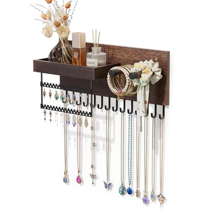 Lolalet Wall Mounted Hanging Jewelry Organizer, 15 Hooks Wooden Necklaces Holder with Storage Shelf, Easy Install Earrings Bracelets Hanger -Brown - color: Brown