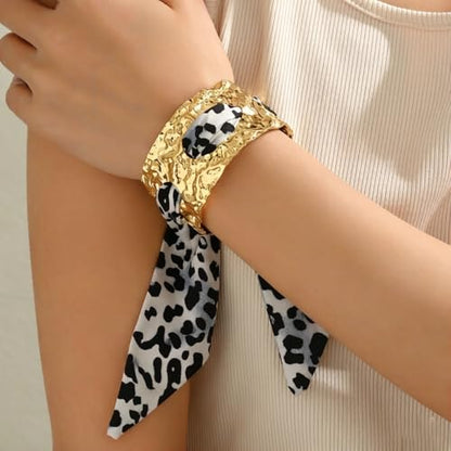 Hammered Gold Metal Silk Scarf Bangle Women,Chunky Fabric Wrapped Open Cuff Bracelet,Boho Ethnic Style Geometric Jewelry, Elegant Statement Wrist - color: White