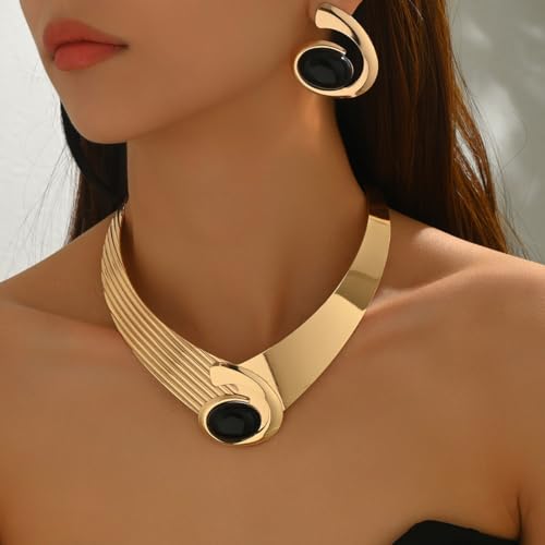Gold Jewelry Set Vintage Spiral With Oval Black Acrylic Pendant Necklace Earrings Bracelet Ring Set Bohemian Trendy Party Jewelry For Women - style: AA