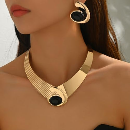 Gold Jewelry Set Vintage Spiral With Oval Black Acrylic Pendant Necklace Earrings Bracelet Ring Set Bohemian Trendy Party Jewelry For Women - style: AA