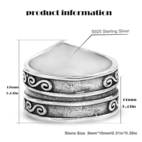 HAIXIAN Natural Black Obsidian Wide Band Ring,Retro S925 Sterling Silver Statement Thumb Index Chunky Band Ring,Cocktail Party Bohemian Ring Jewelry for Women