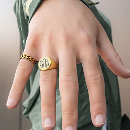 GoldChic Jewelry Personalized Signet Rings Men Women, Stainless Steel Custom Photo Bold Square/Oval Monogram/Old English Initial Pinky Stacking Statement Ring in Black/Silver/Gold (Size 7-14) - color: Gold-Monogram -Round