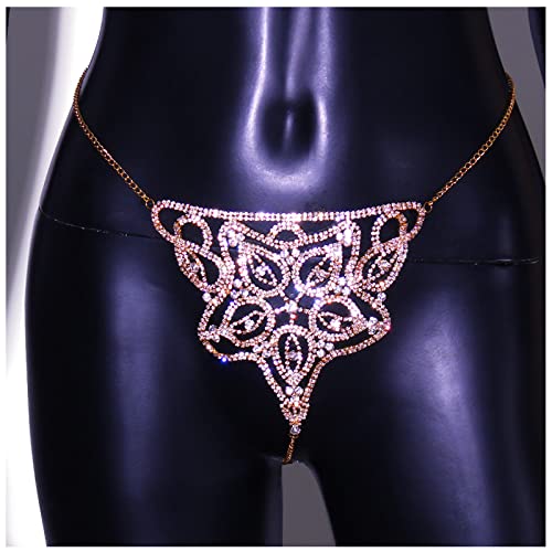 Women Sexy Rhinestone Waist Body Chain Bikini Thong Panties Crystal Body Chain Jewelry (Gold) - color: Flower Pattern