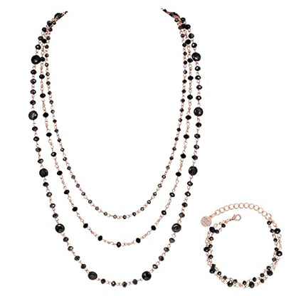 Firstmeet Long Chain Multi Layer Fashion Glass Beads Handmade Necklace for Women - color: Black-mgj+SL