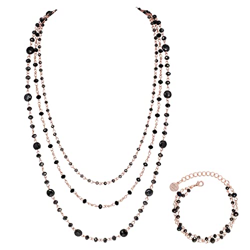 Firstmeet Long Chain Multi Layer Fashion Glass Beads Handmade Necklace for Women - color: Black-mgj+SL