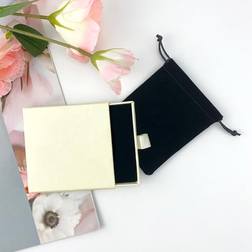 Small Jewelry Gift Box and Velvet Bag, Necklace Bracelet Earring Cardboard Organizer Square Jewellery Gift Box Pendent Storage Case for Birthday Xmas Christmas Wrapping (Beige) - color: Beige