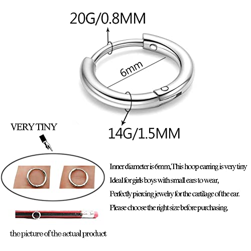 316L Surgical Stainless Steel Huggie Hoop Earrings 6mm 8mm 10mm 11mm 12mm 14mm Hypoallergenic Earrings Hoop Cartilage Helix Lobes Hinged Sleeper Earrings For Men Women - style: A09:6mm Silver(THK 1.5mm)