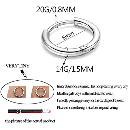 316L Surgical Stainless Steel Huggie Hoop Earrings 6mm 8mm 10mm 11mm 12mm 14mm Hypoallergenic Earrings Hoop Cartilage Helix Lobes Hinged Sleeper Earrings For Men Women - style: A09:6mm Silver(THK 1.5mm)