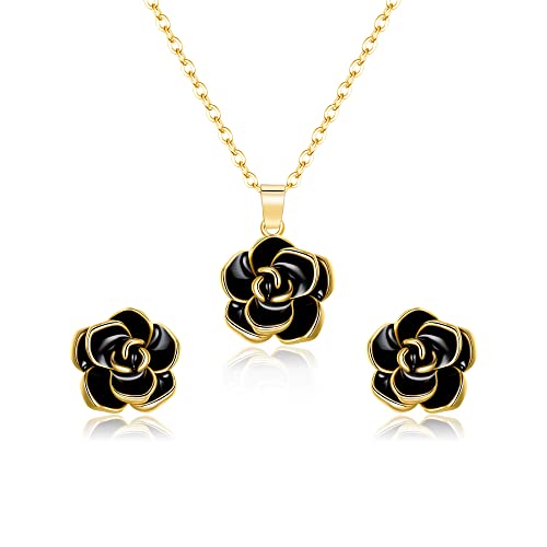 EleQueen Rose Flower Necklace Earrings Bracelet Set for Women - color: 09_Black Gold-Tone