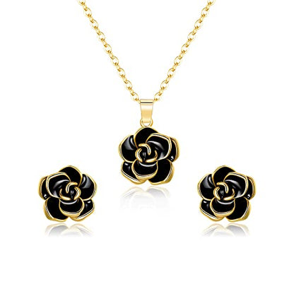 EleQueen Rose Flower Necklace Earrings Bracelet Set for Women - color: 09_Black Gold-Tone