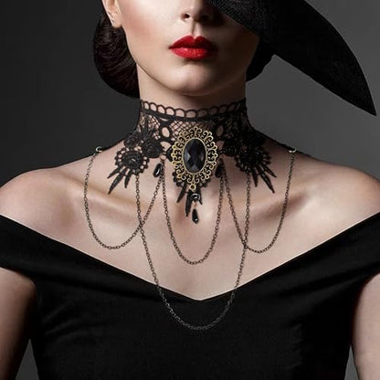 AILUOR Punk Rock Wedding Party Handmade Black Lace Choker, Gothic Retro Lolita Beads Chain Vampire Pendant Necklace for Women Halloween - color: Black-C