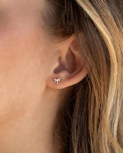 Flat Back Earrings for Women Cartilage Helix | Comfortable Dainty Cute Dragon Bee Bird Phoenix Dragonfly Cute Animal Leaf Spiral Rhombus Design Flatback Stud Earrings - color: Silver Dragonfly