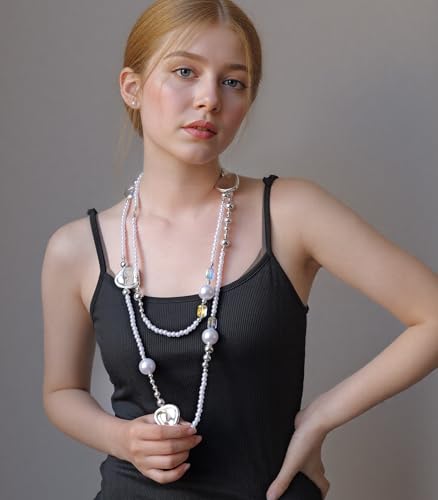 Errally Long Pearl Necklace and Earring Set Layered Pearl Beaded Necklaces for Women White Costume Jewelry Sets Gifts for Mom - color: Silver Piece