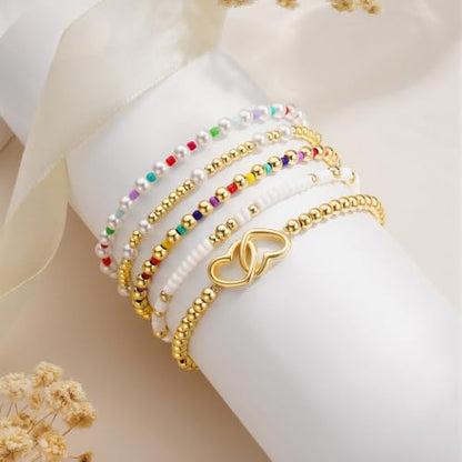 Turandoss 5PCS 14K Gold Plated Beaded Stretch Bracelets Set for Women | Stacked Bow Cross Wave Knot Pearl Beads Bracelet Set, Waterproof 7 Inch Stretch Elastic, Summer Jewelry Gifts for Women Girls - color: 5PCS Heart Beaded Bracelets