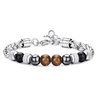Mens Bead Bracelet Set - Adjustable Elastic Rope With 6&8MM Natural Stone Multi-Colored Beads - Tiger Eye Bracelets for Men - Gift - style: 1 Stainless steel bracelet