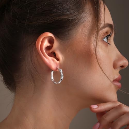 LeCalla Sterling Silver Hoop Earrings for Women | Lightweight Silver Chunky Hoop Earrings | Handmade Electroform Hollow Italian Design Click-Top Earrings Hoop - color: CZ Antique Texture