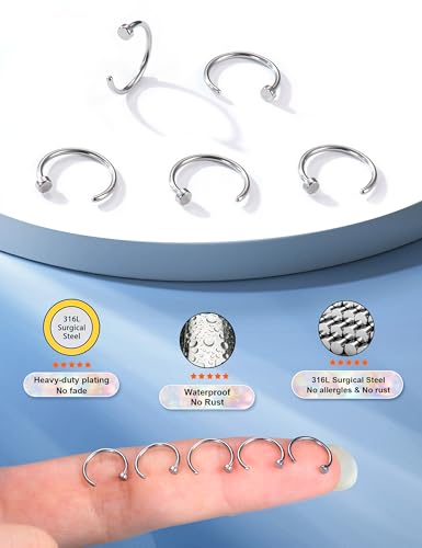 18G 20G 22G Nose Rings Hoops for Women Nose Piercing - Hypoallergenic 316L Stainless Steel Hoop Nose Rings Piercing Jewelry 5PCS Gold Silver Black Tone - color: Silver Plated