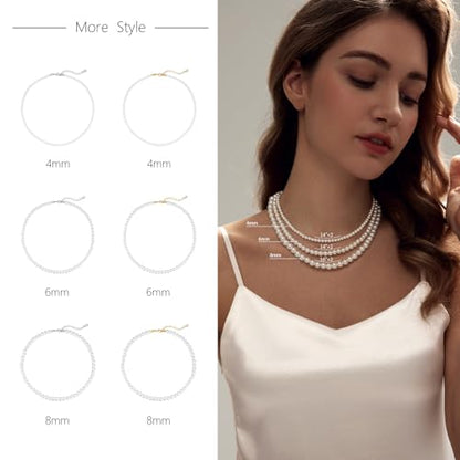 Zeffy Pearl Necklace 8MM Dainty Round Imitation Pearl Choker Necklace Wedding Pearl Necklace Delicate Jewelry for Women Simple Bridesmaid Jewelry Gifts - style: Style2-8mm Silver Pearl Necklace(16"+2")