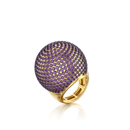 Gold Snowball Rhinestone Cocktail Ring – Adjustable Stretch Sparkling Party Jewelry for Women, Elegant Costume Ring for Evening Wear, Wedding, Prom - color: purple