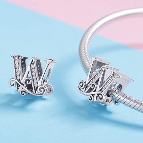 BISAER 925 Sterling Silver Initial Letter A-Z Charms for Bracelets Alphabet Beads Charm Jewelry Gifts - color: Letter W