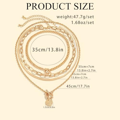 4 Pcs Chunky Gold Layered Necklaces for Women, Vintage Toggle Clasp Cuban & Paperclip Chain Stack, Herringbone Choker Coin Medallion Pendant Set, Trendy Mob Wife Jewelry