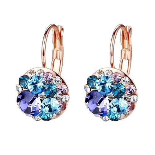 Multicolored Austrian Crystal Leverback Earrings for Women 14K Gold Plated Dangle Hoop Earrings Hypoallergenic Jewelry - color: Purple Main Crystal/Rose Gold-tone