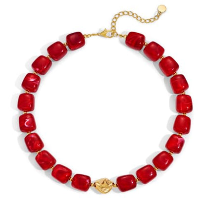 Chunky Beaded Necklace for Women,Square Resin beads boho Choker Necklace with gold-tone spacers,Fashion Trendy Summer Beach Party Necklaces Handmade Surfer Beach Necklaces Jewelry Gifts - color: Red