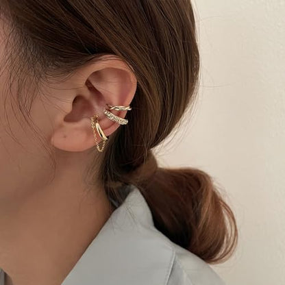 3Pcs Ear Cuffs Non Piercings for Women, Trendy Cubic Zirconia Gold Silver Clip On Cuff Earrings Set Jewelry Dainty Fake Cartilage Earring - color: Gold Chain