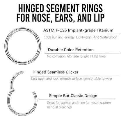 2Pcs Titanium Nose Rings 20G 18G 16G 14G Nose Rings Hoops Diameter 5mm to 12mm Silver-Gold-Rose Gold-Black Cartilage Helix Tragus Daith Rook Hoop Earrings Hinged Segment Septum Clicker Body Piercing Jewelry - color: Silver