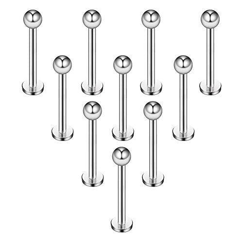 16G 316L Stainless Steel 3mm Ball Labret Monroe Lip Ring Tragus Helix Cartilage Earring Stud Barbell Bar Length 6mm 8mm 10mm 12mm Body Piercing Jewelry - color: Silver, size: 10MM