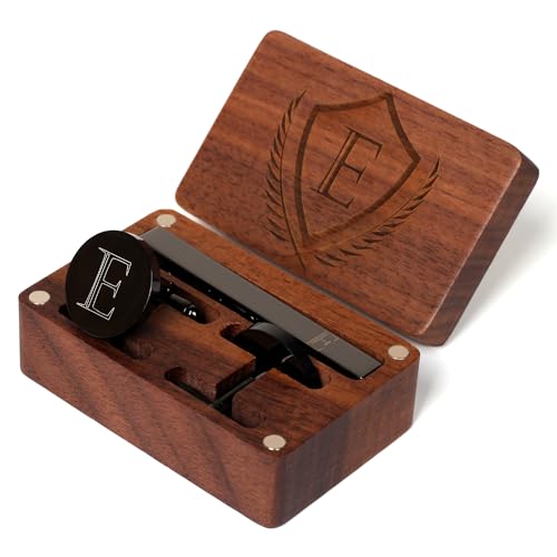Mens Initial Cufflinks and Tie Clip A-Z Alphabet Letter Black Stainless Cuff Links Tie Bar with Engraved Walnut Wood Box Groom Groomsman Wedding Set - style: Classic-E