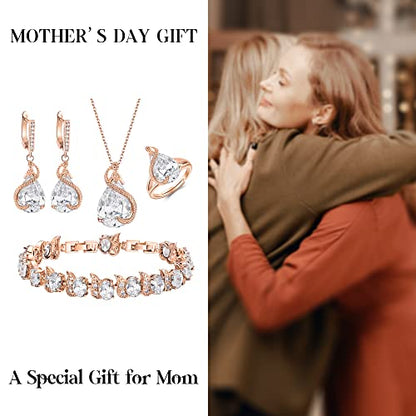 EVER FAITH Wedding Jewelry Set for Bride Bridesmaid, Glamour Teardrop Cubic Zirconia Pendant Necklace Earrings Tennis Bracelet Open Ring Sets for Birthday/Valentine's Day/Mother's Day/Christmas - color: A_Clear Rose Gold-Plated-Brass
