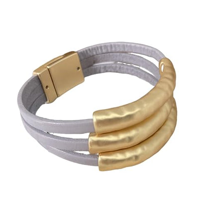 Bracelets for Women Leather Bracelet Multi-Layer Rope Wrap Bangle 14k Gold Plated Cirle Hollow Tube Boho Cuff Bangle Bracelets for Women Gift - style: Grey Leather Wrap