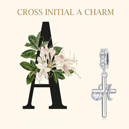 PROESS Initial Cross Charm 925 Sterling Silver Letter A B C Pendant Dangle Charm Beads for Bracelet Initial Cross Jewelry Gifts for Women - style: 1-A