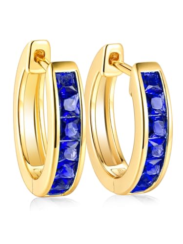 Chunky Emerald Sapphire Ruby Hoop Earrings, Princess or Round Cut, 14k Yellow Gold Plated Sterling Silver Cubic Zirconia Huggie Earings Minimalist Hoops Earrings for Women Wedding Daily Birthday - style: Princess cut -Sapphire -Gold