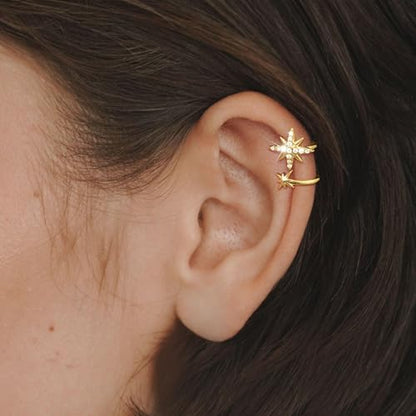 Star 14K Gold Plated Ear Cuff Earrings for Women Non Piercing, Dainty Silver Plated Clip on Cartilage Ear Cuff Non Pierced Trendy CZ Northstar Starburst Sparkling Climber Clawer Earring Jewelry - style: Two Star-Gold