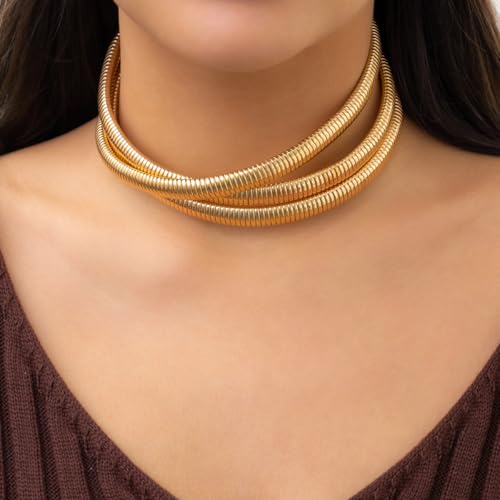 Chunky Gold Choker Necklace for Women, 14K Gold Plated Snake Chain Statement Necklace Triple Twsited Layered Choker Necklaces Jewelry Gifts - style: 3 LAYER/14K GOLD