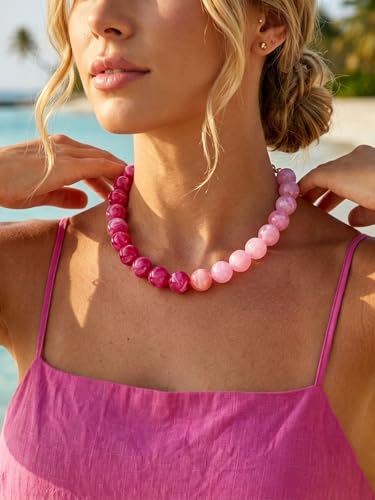Chunky Beaded Necklaces for Women Statement Necklace | Bold Chunky Choker, Large Resin Beads, Adjustable Necklace, Boho Trendy Summer Beach Holiday Jewelry - color: Pink-02