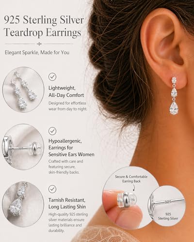 14K Gold Plated/Sterling Silver CZ Pearl Drop Dangle Earrings for Women - color: Silver-3 CZ