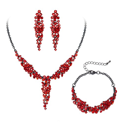 EleQueen Statement Sparkle Crystal Necklace Bracelet Dangle Earrings Set for Women, Art Deco Prom Chandelier Jewelry for Wedding Bridal - color: Red Black-Tone